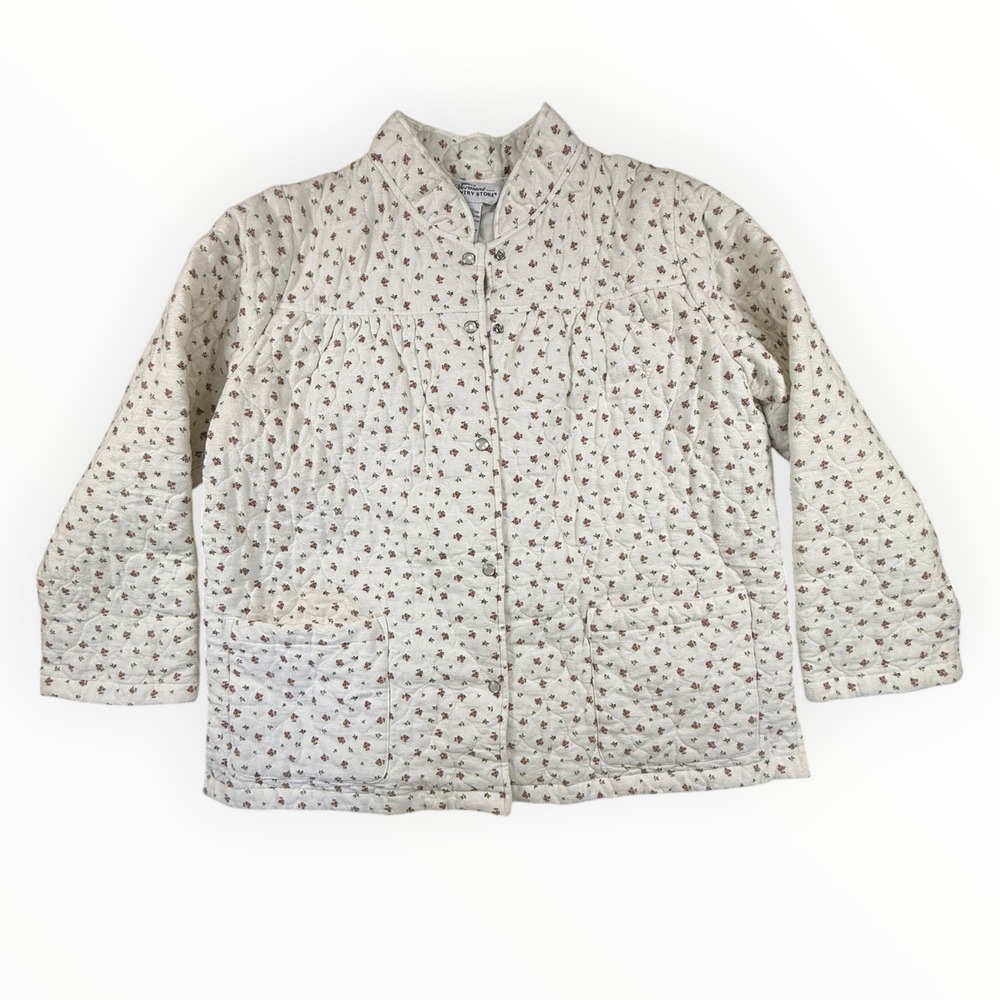 Vermont Country Store Quilted Bed Jacket Womens L White Floral Good Rosebud Snap